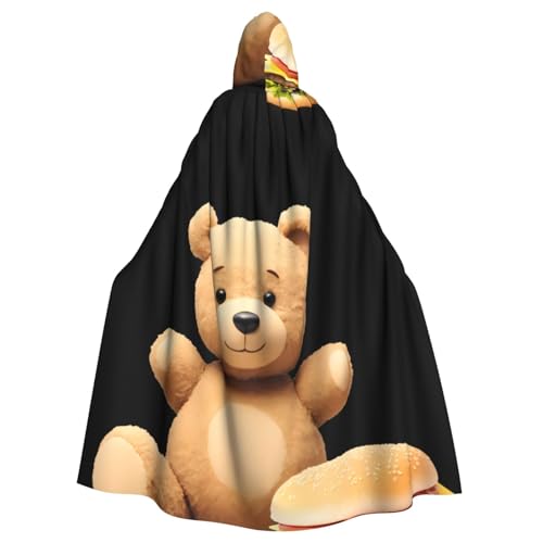 BROLEO Teddybär-Spielzeug neben dem Hamburger-Druck, Halloween-Umhang mit Kapuze, Umhang für Erwachsene, ohne Reißverschluss, bequem für Kostümpartys von BROLEO