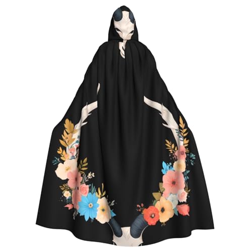 BROLEO Umhang mit Schafshörnern und Blumendrucken, Halloween, Erwachsenen-Kapuzenumhang, ohne Reißverschluss, bequem für Kostümpartys von BROLEO