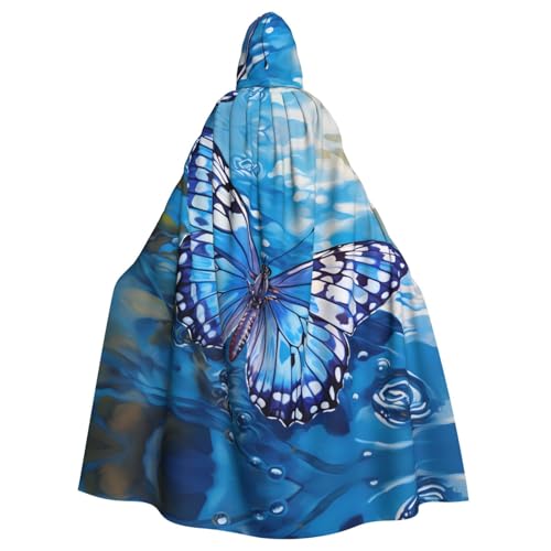 BROLEO Weißer Schmetterling in blauem Druck, Halloween-Umhang mit Kapuze für Erwachsene, für Kostümpartys und Themenveranstaltungen von BROLEO