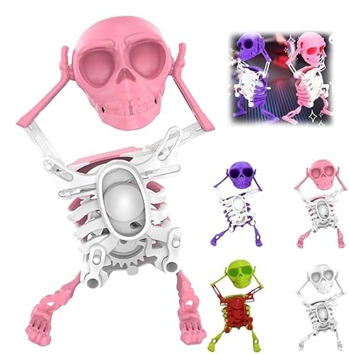 BRRDASJO Tanzendes und schwingendes 3D-Totenkopf Spielzeug, tanzendes Skelett Spielzeug mit Uhrwerk, bewegliche Skelette mit Mehreren Gelenken,als Spielzeug for Stressabbau.(Pink) von BRRDASJO