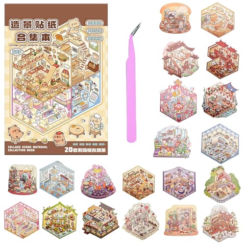 20 Sets DIY 3D House Stickers, Miniatur House Sticker mit Pinzette, DIY 3D Aufkleber, 3D Sticker Scene, Kreative DIY-Szenen für Supermarkt, Café, Buchhandlung, Stressabbau für Erwachsene und Kinder von BRTNUP