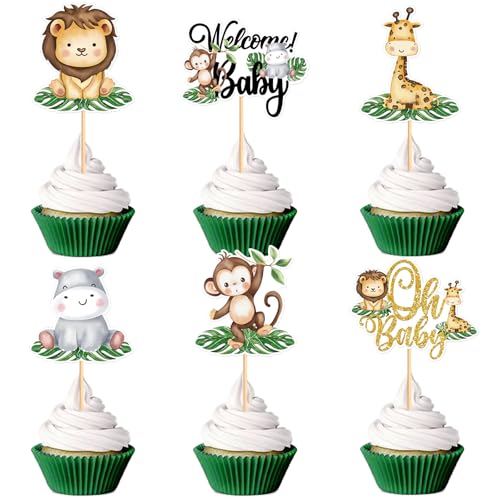 24 Stück Cupcake Topper, Geburtstag Kuchen Deko, Kuchen Deko Kinder, Cupcake Topper Dekoration, Dessert Deko für Birthday Party Supplies Feiern Party Events Baby Shower (Dschungeltiere) von BRTNUP