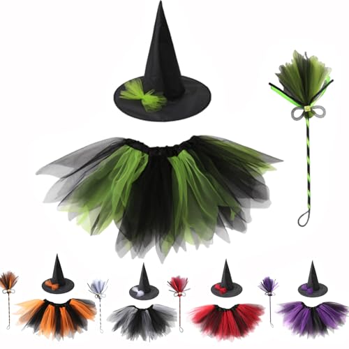 3-teiliges Hexenkostüm-Set für Kinder, Mädchen, Halloween, Hexe Dress Up Outfit mit Hut Tutu Rock Besen, Mädchen Hexen Verkleidung Kostüm Cosplay Zubehör (Grün) von BRTNUP