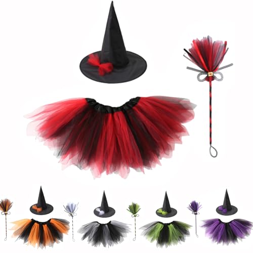3-teiliges Hexenkostüm-Set für Kinder, Mädchen, Halloween, Hexe Dress Up Outfit mit Hut Tutu Rock Besen, Mädchen Hexen Verkleidung Kostüm Cosplay Zubehör (Rot) von BRTNUP