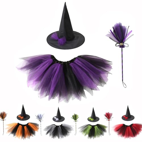 3-teiliges Hexenkostüm-Set für Kinder, Mädchen, Halloween, Hexe Dress Up Outfit mit Hut Tutu Rock Besen, Mädchen Hexen Verkleidung Kostüm Cosplay Zubehör (lila) von BRTNUP