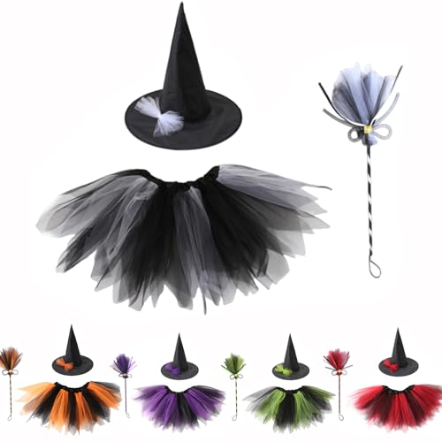 3-teiliges Hexenkostüm-Set für Kinder, Mädchen, Halloween-Hexen-Kostüm, Outfit mit Hut, Tutu, Rock, Besen, Mädchen, Hexen-Kostüm, Cosplay-Zubehör (schwarz) von BRTNUP