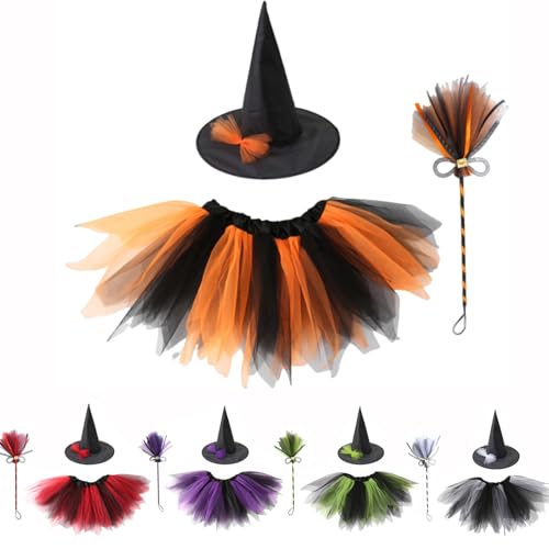 3-teiliges Hexenkostüm-Set für Kinder Mädchen Halloween Hexe Dress Up Outfit mit Hut Tutu Rock Besen Mädchen Hexen Faschingskostüm Cosplay Zubehör (Orange) von BRTNUP