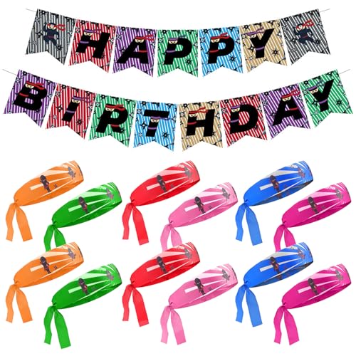 BRTNUP 12 Stück Ninjago Party Stirnbänder with Geburtstagsbanner,Kinder Geburtstagsfeier Deko für Ninja-Party, Kindergeburtstag Deko für Jungen & Mädchen von BRTNUP