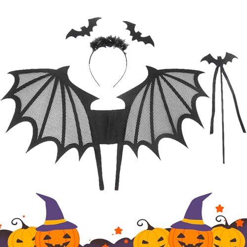 BRTNUP 3 Stück Fledermaus Kostüm Kinder Mit Flügel, Stirnband, Zauberstab - Halloween Kinderkostüm Cosplay Zubehör von BRTNUP