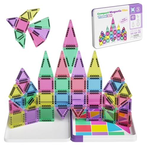 BRTNUP Magnetische Tiles,40 Stück Magnetische Bausteine,Reisespielzeug für Kinder in Tragbar Eisenbox(19.5 * 13.46 * 1.5cm), Kreatives Magnetspielfür,ab 3 Jahre Jungen & Mädchen von BRTNUP
