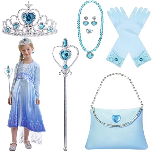 BRTNUP Prinzessin Kostüme Zubehör Set of 7, Mädchen Dress up Eiskönigin Kostüm Accessoires, Krone Mädchen, Zauberstab, Ring, Halskette, Ohrring für Karneval und Geburtstage von BRTNUP