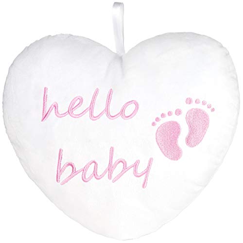 BRUBAKER Plüschherz Hello Baby 25 cm - Babyparty Geschenk zur Geburt - Zierkissen Herz aus Plüsch - Babyzimmer Deko - Kissen für Neugeborene - Baby Mädchen Rosa von BRUBAKER