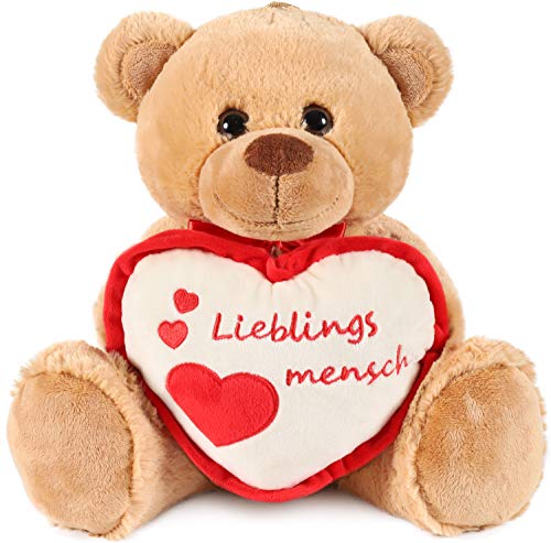 BRUBAKER Teddy Plüschbär mit Herz Rot Beige - Lieblingsmensch - 35 cm - Teddybär Plüschteddy Kuscheltier Schmusetier - Braun Hellbraun von BRUBAKER