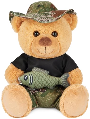 BRUBAKER Teddybär Angler mit Fisch und Anglerhut - 25 cm Teddy Kuscheltier - Stofftier Geschenk für Angler und Outdoor Fans - Plüschbär Glücksbringer für Angelfreunde - Hellbraun Camouflage von BRUBAKER