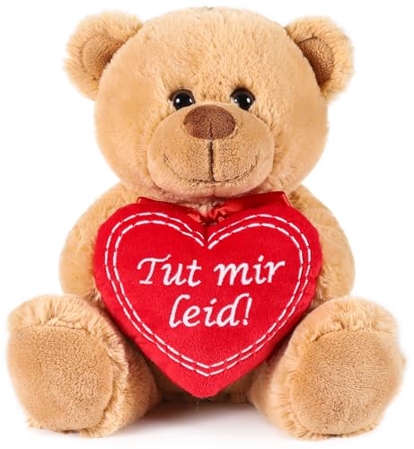 BRUBAKER Teddybär mit Herz Rot - TUT Mir leid! - 25 cm Teddy Plüschbär - Kuscheltier Geschenk für Entschuldigungen - Schmusetier - Stofftier Plüschteddy - Braun Hellbraun von BRUBAKER