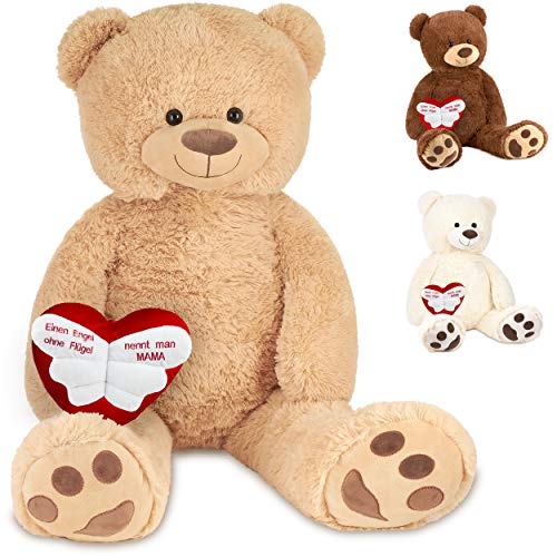 BRUBAKER XXL Teddybär 100 cm Beige mit einem Einen Engel ohne Flügel nennt Man Mama Herz Stofftier Plüschtier Kuscheltier von BRUBAKER