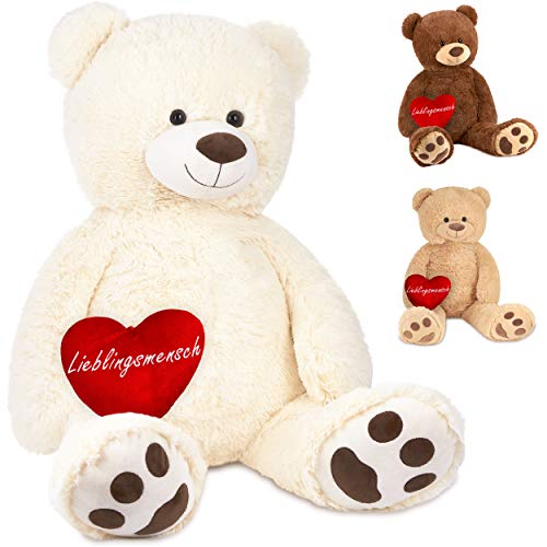 BRUBAKER XXL Teddybär 100 cm Weiß mit einem Lieblingsmensch Herz Stofftier Plüschtier Kuscheltier von BRUBAKER