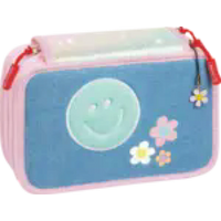 BRUNNEN 1049121422 Federmäppchen Happy Hippie, 3 Reißverschlüsse, jeansblau/mehrfarbig, pastell von BRUNNEN