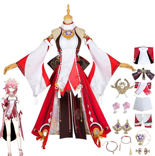 BRZUIL Genshin Impact Kostüm, Yae Miko Cosplay Outfits Anzug für Maskerade, Genshin Theme Yae Miko Halloween Karneval Party Jacke Anzug Kleidung mit Accessoires,Rot,3XL von BRZUIL