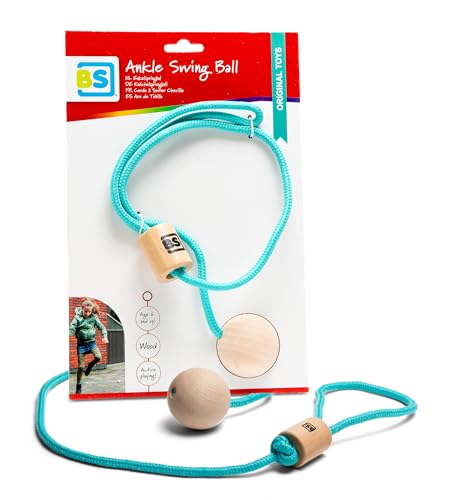 BS Toys GA396 Knöchelsprungball Ideal für Draußen-Sprungball für Retro Schaukelball aus Holz-Für Kinder ab 6 Jahren-Aktives Spiel, Blau, Seillänge 75 cm von BS Toys