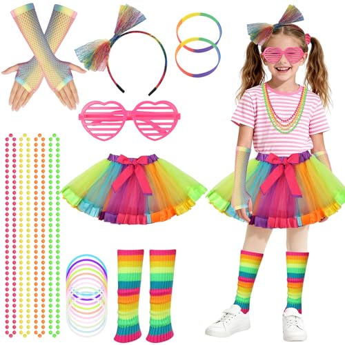 BSBUY 80er 90er Jahre Outfit Kinder 23PC 80er Faschingskostüme Mädchen mit Tutu/Stirnband/Ärmel/Armbänder/Haarbänder/Halsketten/Fußsäcke/Brille 90er Outfit Set für Kind Kleidung Neon Party Karneval-B von BSBUY