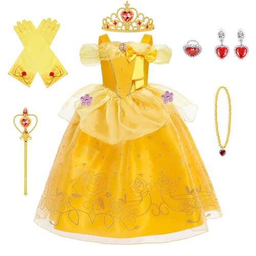 BSBUY Belle Kostüm Kinder Mädchen, 7Pcs Kleid Kinder mit Krone Schmuck Handschuhe Zauberstab Halskette und Ringe Princess Costume für Verkleidung Karneval Halloween Geburtstag Prinzessin Dress Up(140) von BSBUY
