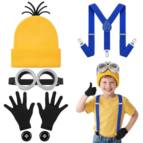 BSBUY Cosplay Kostüm 5Pcs Minion Cosplay mit Mütze Blaue Hosenträger schwarze Handschuhe Knöpfe Brille Minion Costume Set Männer Damen Film Kostüm Kinder Erwachsene Outfit für Halloween Karneval(Gelb) BSBUY Cosplay Kostüm 5Pcs Minion Cosplay mit Mütze Blaue Hosenträger schwarze Handschuhe Knöpfe Brille Minion Costume Set Männer Damen Film Kostüm Kinder Erwachsene Outfit für Halloween Karneval(Gelb) von BSBUY
