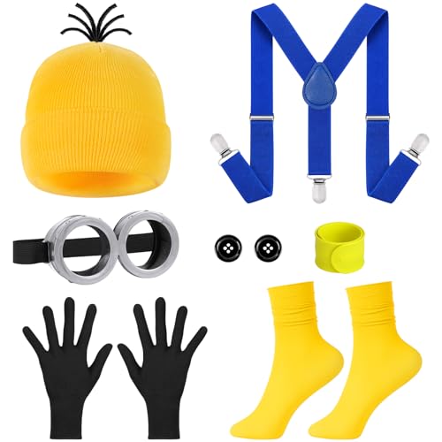 BSBUY Cosplay Kostüm Set 7PC Minion Cosplay mit Brille/Mütze/Hosenträger/Handschuhe/Knöpfe/Armbänder/Socken Minion Costume Set Film Kostüm Kinder Outfit Kostüm für Halloween Karneval Cosplay Party-B von BSBUY