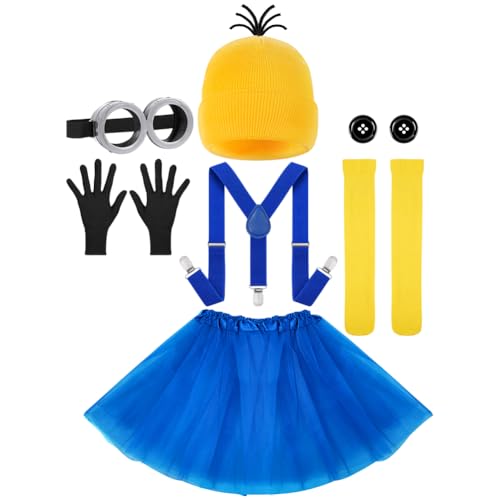 BSBUY Cosplay Kostüm Set 7PC Minion Cosplay mit Brille/Mütze/Hosenträger/Handschuhe/Knöpfe/Rock/Socken Minion Costume Set Damen Film Kostüm Kinder Outfit Kostüm für Halloween Karneval Cosplay Party-A von BSBUY