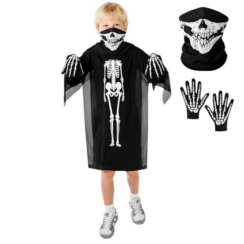 BSBUY Geist Umhang Horror Kostüm Kinder 3PC Schwarz Halloween Geister Costume Set mit Skelettrobe/Handschuhe/Skull Maske Sensenmann Ghost Kostüm Reaper Scream Outfit Gespenst Halloween Karneval 140cm BSBUY Geist Umhang Horror Kostüm Kinder 3PC Schwarz Halloween Geister Costume Set mit Skelettrobe/Handschuhe/Skull Maske Sensenmann Ghost Kostüm Reaper Scream Outfit Gespenst Halloween Karneval 140cm von BSBUY
