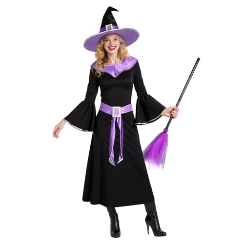 BSBUY Halloween Kostüm Damen 5PC Schwarz Lila Hexenkostüm Set mit Hexenkleid/Zaubererhut/Gürtel/Hexen-Zauberbesen/Tattoo-Aufkleber Zauberer Kostüm Erwachsene Hexenkostüm Damen für Karneval Fasching M BSBUY Halloween Kostüm Damen 5PC Schwarz Lila Hexenkostüm Set mit Hexenkleid/Zaubererhut/Gürtel/Hexen-Zauberbesen/Tattoo-Aufkleber Zauberer Kostüm Erwachsene Hexenkostüm Damen für Karneval Fasching M von BSBUY