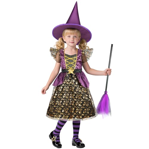 BSBUY Halloween Kostüm Kinder 4PC Schwarz Lila Hexenkostüm Set mit Hexenkleid/Zaubererhut/Hexen-Zauberbesen/Tattoo-Aufkleber Zauberer Kostüm Kinder Hexenkostüm Mädchen für Karneval Fasching Cosplay M BSBUY Halloween Kostüm Kinder 4PC Schwarz Lila Hexenkostüm Set mit Hexenkleid/Zaubererhut/Hexen-Zauberbesen/Tattoo-Aufkleber Zauberer Kostüm Kinder Hexenkostüm Mädchen für Karneval Fasching Cosplay M von BSBUY
