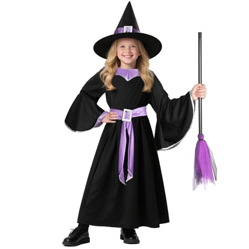 BSBUY Halloween Kostüm Kinder 5PC Schwarz Lila Hexenkostüm Set mit Hexenkleid/Zaubererhut/Gürtel/Hexen-Zauberbesen/Tattoo-Aufkleber Zauberer Kostüm Kinder Hexenkostüm Mädchen für Karneval Fasching L BSBUY Halloween Kostüm Kinder 5PC Schwarz Lila Hexenkostüm Set mit Hexenkleid/Zaubererhut/Gürtel/Hexen-Zauberbesen/Tattoo-Aufkleber Zauberer Kostüm Kinder Hexenkostüm Mädchen für Karneval Fasching L von BSBUY