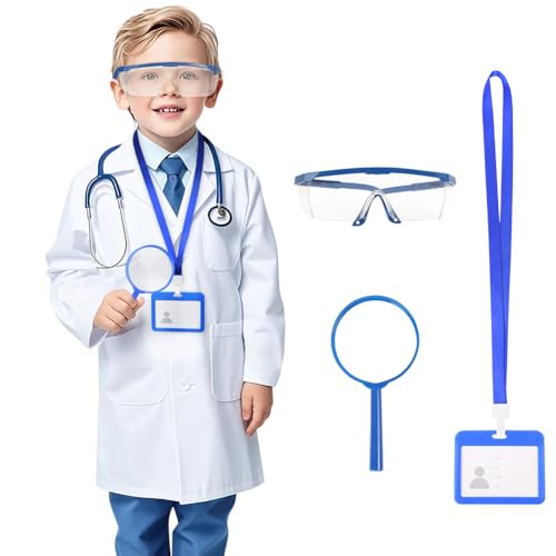 BSBUY Weißer Laborkittel Arztkittel Set Kinder 4 Stück Wissenschaftler Kostüm mit Ausweiskarte Gläser Lupe Glas Kinder Doktor Kostüm Medizin Labormantel Kittel Chemie für Rollenspiele Schulprojekte XL BSBUY Weißer Laborkittel Arztkittel Set Kinder 4 Stück Wissenschaftler Kostüm mit Ausweiskarte Gläser Lupe Glas Kinder Doktor Kostüm Medizin Labormantel Kittel Chemie für Rollenspiele Schulprojekte XL von BSBUY