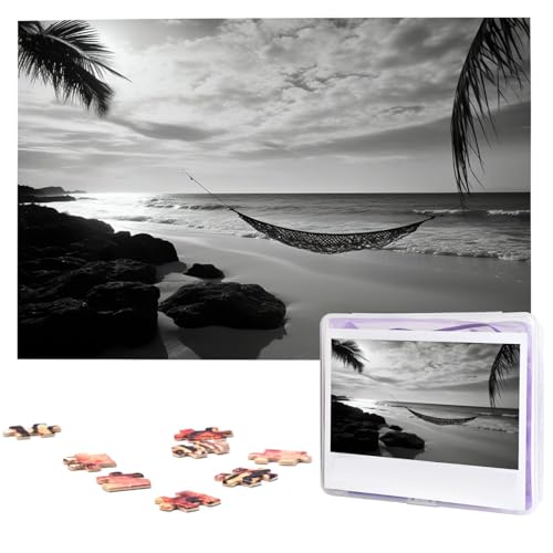 Schwarz-Weiß-Strand-Holzpuzzles für Erwachsene, 1000 Teile, personalisiertes Puzzle, interessante individuelle Fotopuzzles, Geschenk für Feiertage, Geburtstag, Hochzeit, Jahrestag von BSCKKDMN