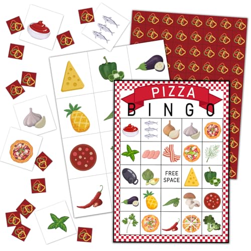 24 Spieler Geburtstag Bingo Karten Pizza Party Favors Fun Familienspiele Bingo Zubehör Partyzubehör Pizzaschlauch Party Bingo Spiel Multiplayer Spiele für Urlaub Geburtstag Familie Party Aktivitäten von BSIKAIK