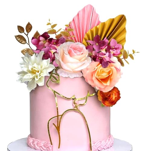 BSITSSS 13 Stk Künstliche Blumen Happy Birthday Tortendeko, Tortendeko Dekoration Mädchen, Tortenaufsatz Dekoration, Wiederverwendbare Rosa Weiß Cake Topper für Geburtstag,Hochzeit,Babyparty von BSITSSS