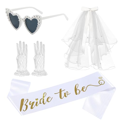 BSITSSS 4PCS JGA Accessoires Frauen, Weiße Herz Sonnenbrille + Bride To Be Schärpe + Spitzenhandschuhe + Schleier Braut, Bachelorette Geschenk JGA Deko Party Hochzeit Junggesellenabschied Frauen BSITSSS 4PCS JGA Accessoires Frauen, Weiße Herz Sonnenbrille + Bride To Be Schärpe + Spitzenhandschuhe + Schleier Braut, Bachelorette Geschenk JGA Deko Party Hochzeit Junggesellenabschied Frauen von BSITSSS