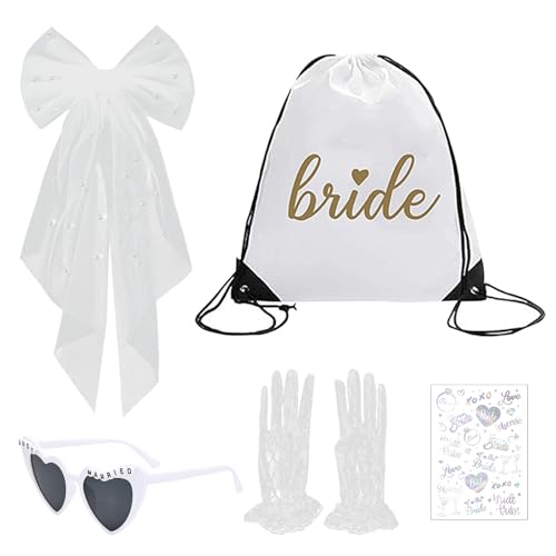 BSITSSS 5PCS JGA Accessoires Frauen, Weiße Herz Sonnenbrille+Bride Turnbeutel+Spitzenhandschuhe+Schleier Braut+Tattoo Aufkleber, Bachelorette Geschenk JGA Deko Party Hochzeit Junggesellenabschied BSITSSS 5PCS JGA Accessoires Frauen, Weiße Herz Sonnenbrille+Bride Turnbeutel+Spitzenhandschuhe+Schleier Braut+Tattoo Aufkleber, Bachelorette Geschenk JGA Deko Party Hochzeit Junggesellenabschied von BSITSSS