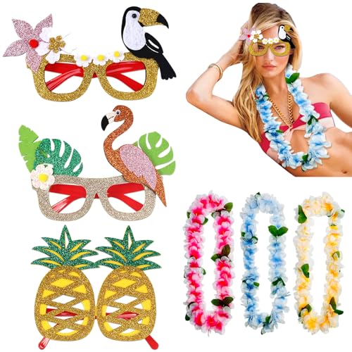 BSITSSS 6PCS Hawaii Party Deko, Beach Party Deko, 3PCS Blumenkette, 3PCS Blumenketten Hawaii, Hawaii Brille, Beach Party Accessoires für Kinder Erwachsene von BSITSSS