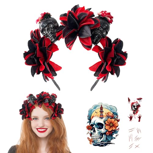 BSITSSS Halloween Haarreif, Blumen Haarreif mit 3 Blätter Halloween Tattoos Schädel Kopfschmuck Haarschmuck Kostüm Zubehör für Karneval Fasching Cosplay, Schwarz von BSITSSS