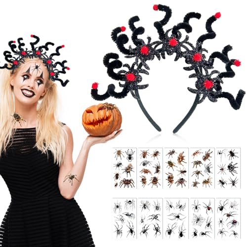 BSITSSS Halloween Haarreif Spinne, Spinnen Haarreif mit 10 Blätter Halloween Tattoos Spinne Kopfschmuck Haarschmuck Kostüm Zubehör für Karneval Fasching Cosplay, Schwarz von BSITSSS