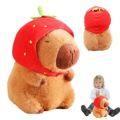 BSNRDX Capybara Plüschtier, 23cm Capybara Kuscheltier mit Erdbeerhut, Super Weiches und Flauschiges Capybara Stofftier, Capybara Plushie als Spielzeug, Kissen oder Deko für Kinder von BSNRDX