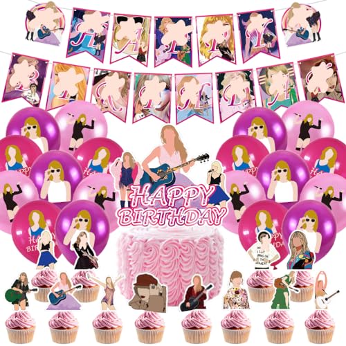 Geburtstagsdeko Set BSNRDX 32PCS Fans Geburtstag Deko Set, Tay-lor Geburtstag Der für Mädchen, Kindergeburtstag Deko luftballon Kuchen Topper Dekoration Happy Birthday Banner von BSNRDX