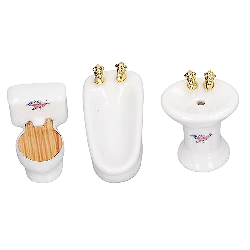 3 Stück Puppenhaus Badezimmer Set 1:12 Maßstab Miniatur Badewanne Toilette Waschbecken Modell DIY Dekoration Zubehör für Puppenhaus (Kleines Blumenmuster) von BSTCAR