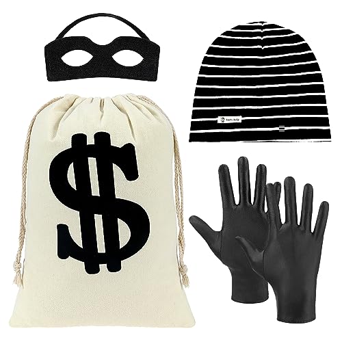 BTHRORO 4 Teiliges Räuber Kostüm Set Kinder, Dollar Geldbeutel Banditen Augenmaske Strickmütze Handschuhe für Kinder Bankräuber Cosplay Piraten Dieb Einbrecher Thema Party von BTHRORO