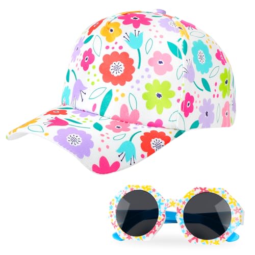 BTHRORO Baseballkappe Kinder Sonnenbrille Set, Blumen Baseballmütze Verstellbarer Sonnenhut UV Schutz Baseball Kappe Sonnenschutz Sommer Snapback Cap Outdoor Geschenke für Jungen Mädchen von BTHRORO