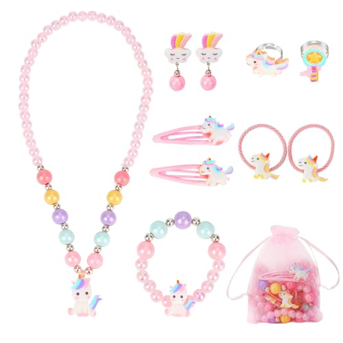 BTHRORO Einhorn Kinderschmuck 10 Stück, Einhorn Halskette Ringe Armbänder Ohrring Haarspangen Prinzessin Schmuck Set für Mädchen Party Dress Up Geschenk von BTHRORO