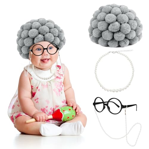 BTHRORO Kinder Oma Kostüm Set, 4 Stück Großmutter Perücke Kappe Oma Brille Perlenkette Brillen Ketten Granny Kostümzubehör für Oma Verkleidung Fasching Karneval Halloween von BTHRORO