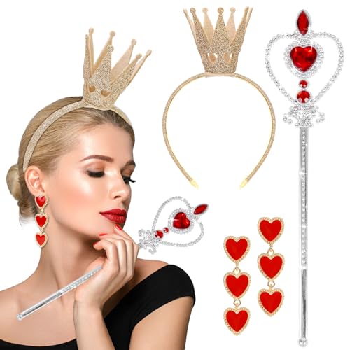 BTHRORO Königin Kostüm Zubehör Set, Königin Gold Krone mit Feenstab Rote Herz Ohrringe für Frauen Mädchen Halloween Weihnachten Geburtstag Karneval Cosplay Kostüm Geburtstag Party Zubehör BTHRORO Königin Kostüm Zubehör Set, Königin Gold Krone mit Feenstab Rote Herz Ohrringe für Frauen Mädchen Halloween Weihnachten Geburtstag Karneval Cosplay Kostüm Geburtstag Party Zubehör von BTHRORO